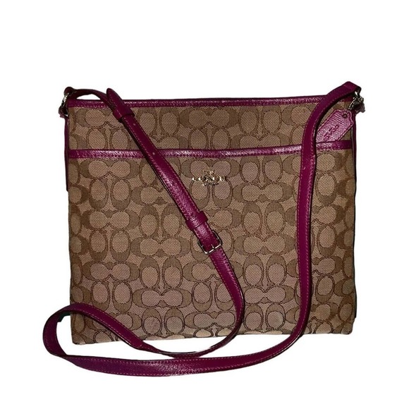 Coach Signature File Crossbody Bag Coated Canvas Khaki Purple Leather Trim - Picture 1 of 16